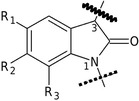 Strukturformel eines Moleküls: Ein Sechseck und ein Fünfeck, verbunden an einer Seite. An drei Seiten des linken Sechsecks mit Doppelstrichen. Dort drei offene Enden mit R1, R2 und R3. An einer Seite des rechten Fünfecks mit Doppelstrich. Eine Ecke dort mit N. Zwei Ecken dort mit 1 und 3. Zwei offene Enden, eins mit durchbrochener Linie (Eckpunkt N) und eins mit Wellenlinie (Eckpunkt 3). Dazwischen offenes Ende mit Doppelstrich zu O.