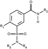 Strukturformel eines Moleküls: Ein Sechseck, an drei Seiten mit Doppelstrichen (Kernstruktur). Eine Seitenkette unten mit S, einem Strich zu N von dem aus jeweils ein Strich schräg links unten zu R3 und ein Strich schräg rechts unten zu R4 geht; zwei Doppelstriche von S aus nach rechts und links jeweils einem O (Brückenstruktur). Eine weitere Seitenkette oben rechts geht über eine Brückenstruktur mit einem Eckpunkt zu N und weiter mit einem Strich zu R2. Vom N geht ein Strich auch zu H. Von dem Eckpunkt geht auch ein Doppelstrich zu O.
