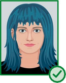 Illustration einer Person mit blauen Haaren und gleichmäßig ausgeleuchtetem Gesicht.