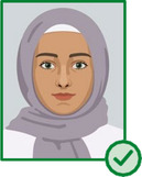 Illustration einer Person mit Kopftuch, bei der das Gesicht von der Kinnkante bis zur Stirn sichtbar ist.