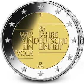 Der Entwurf stammt von dem Künstler Thomas Serres aus Hattingen. Er behandelt das Thema „35 Jahre Deutsche Einheit“ und zeigt eine klare typografische Komposition. Auf der linken Seite, leicht nach links verschoben, befindet sich rechtsbündig untereinander der Schriftzug „Wir sind ein Volk“. Auf der rechten Seite, linksbündig, steht untereinander „35 Jahre Deutsche Einheit“. Beide Textblöcke verlaufen entlang der Mittelachse leicht versetzt und werden oben und unten durch horizontale Linien verbunden. In der Mitte bildet ein leicht vergrößertes D die Verbindung. Der Entwurf betont eindeutig die Botschaft: Gleichwertig zum titelgebenden Ergebnis „35 Jahre Deutsche Einheit“ hebt die zweite Botschaft „Wir sind ein Volk“ die wichtige Rolle der ostdeutschen Bevölkerung im Prozess der Wiedervereinigung hervor.