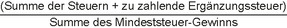 Die Summe aus Summe der Steuern und der zu zahlenden Ergänzungssteuer wird geteilt durch die Summe des Mindeststeuer-Gewinns